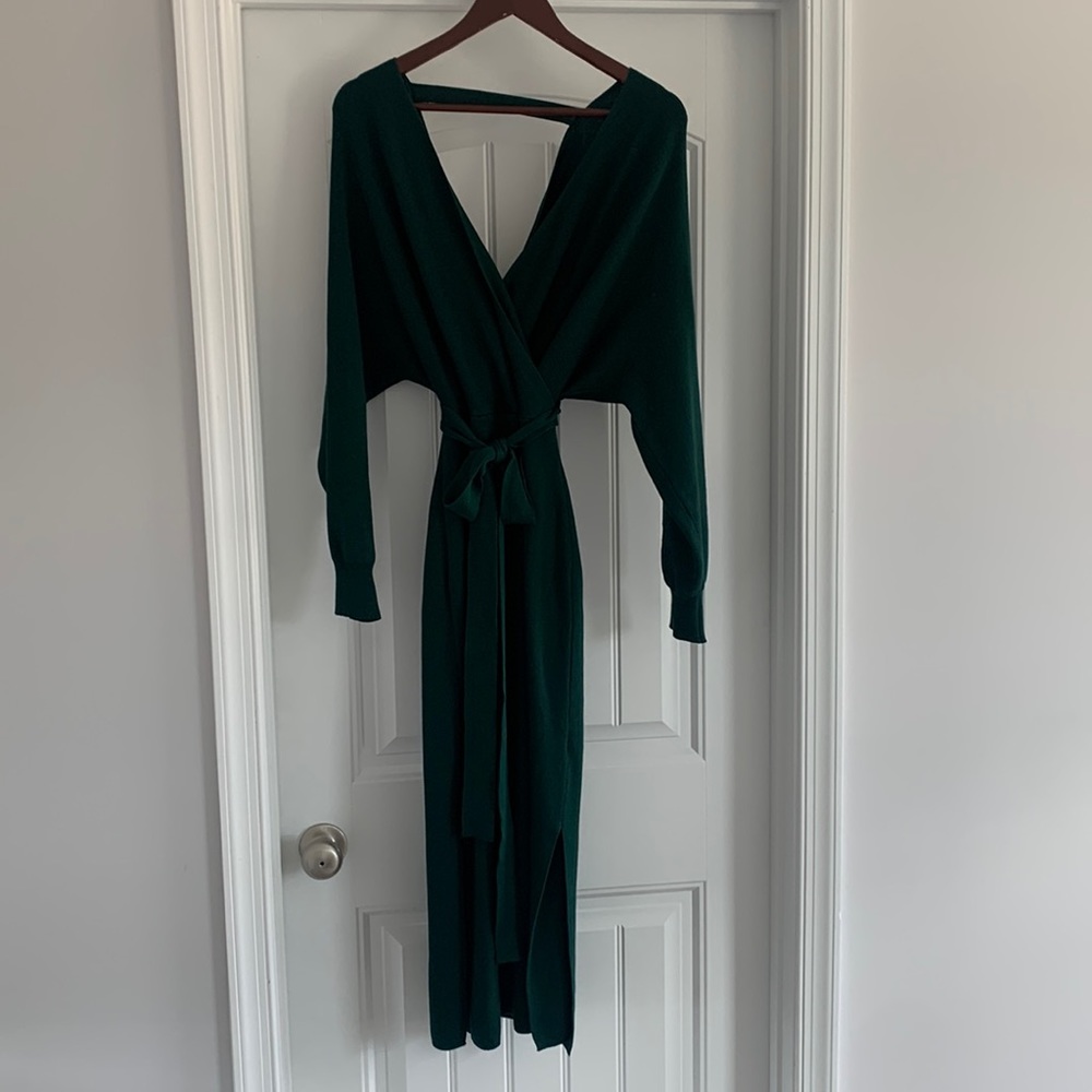 Green belted sweater dress. Long length with batwing sleeves. Size L.